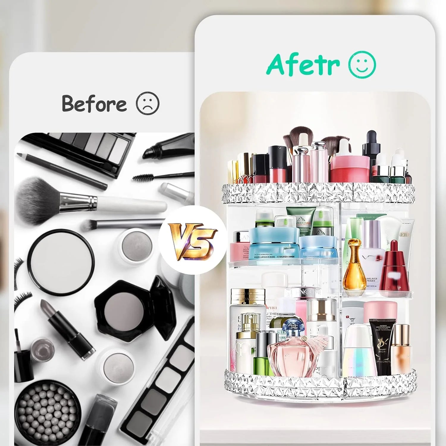 360° Rotating Makeup Organizer – clear acrylic storage with large capacity for all your beauty essentials. Keeps brushes, lipsticks, and perfumes neatly displayed while giving your vanity a clean, aesthetic look.