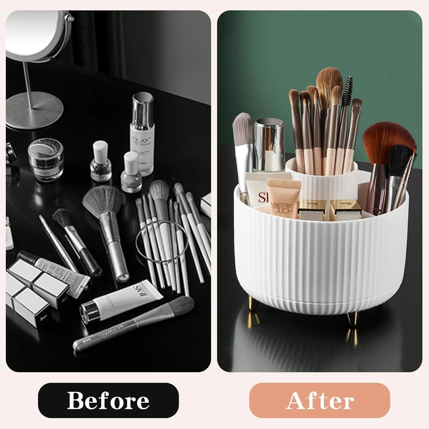 360° Rotate Makeup Brush Holder – sleek countertop organizer for brushes, skincare, and essentials. Spins smoothly for easy access, keeping your vanity clean, modern, and perfectly organized.