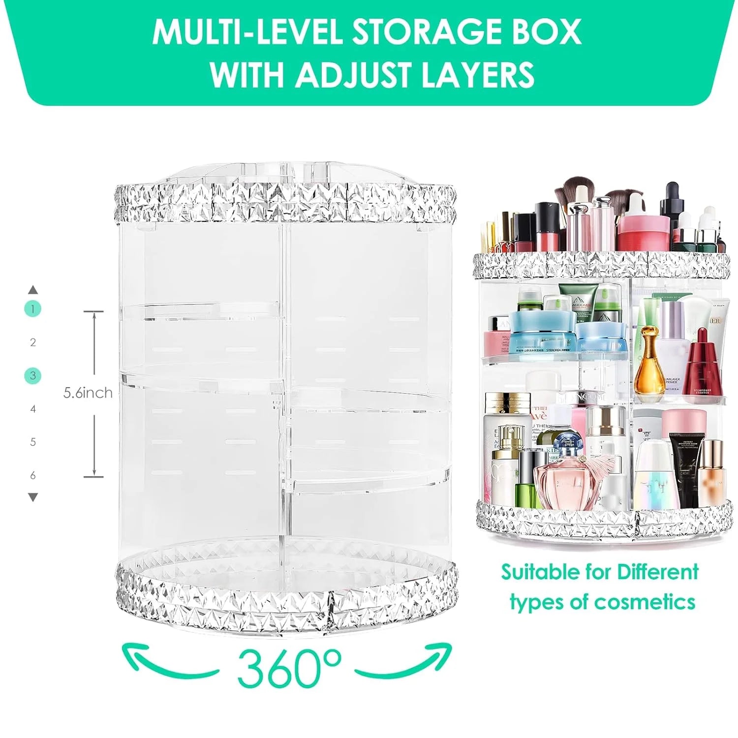 360° Rotating Makeup Organizer – clear acrylic storage with large capacity for all your beauty essentials. Keeps brushes, lipsticks, and perfumes neatly displayed while giving your vanity a clean, aesthetic look.