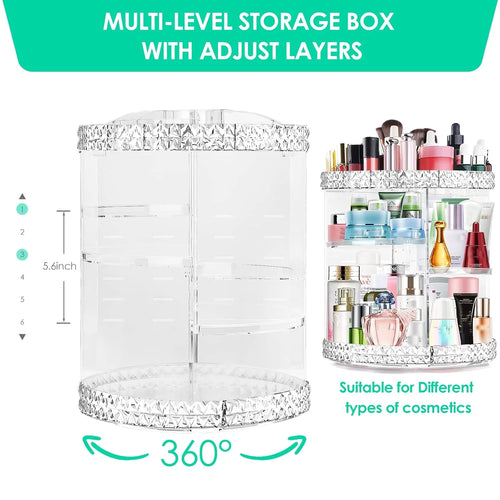 360° Rotating Makeup Organizer – clear acrylic storage with large capacity for all your beauty essentials. Keeps brushes, lipsticks, and perfumes neatly displayed while giving your vanity a clean, aesthetic look.
