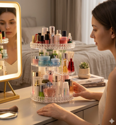 360° Rotating Makeup Organizer – clear acrylic storage with large capacity for all your beauty essentials. Keeps brushes, lipsticks, and perfumes neatly displayed while giving your vanity a clean, aesthetic look.