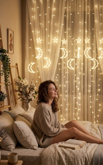 120 LED Star & Moon Curtain Lights – dreamy fairy lights with remote control. Creates a soft, magical glow perfect for bedrooms, parties, weddings, and cozy aesthetic spaces.