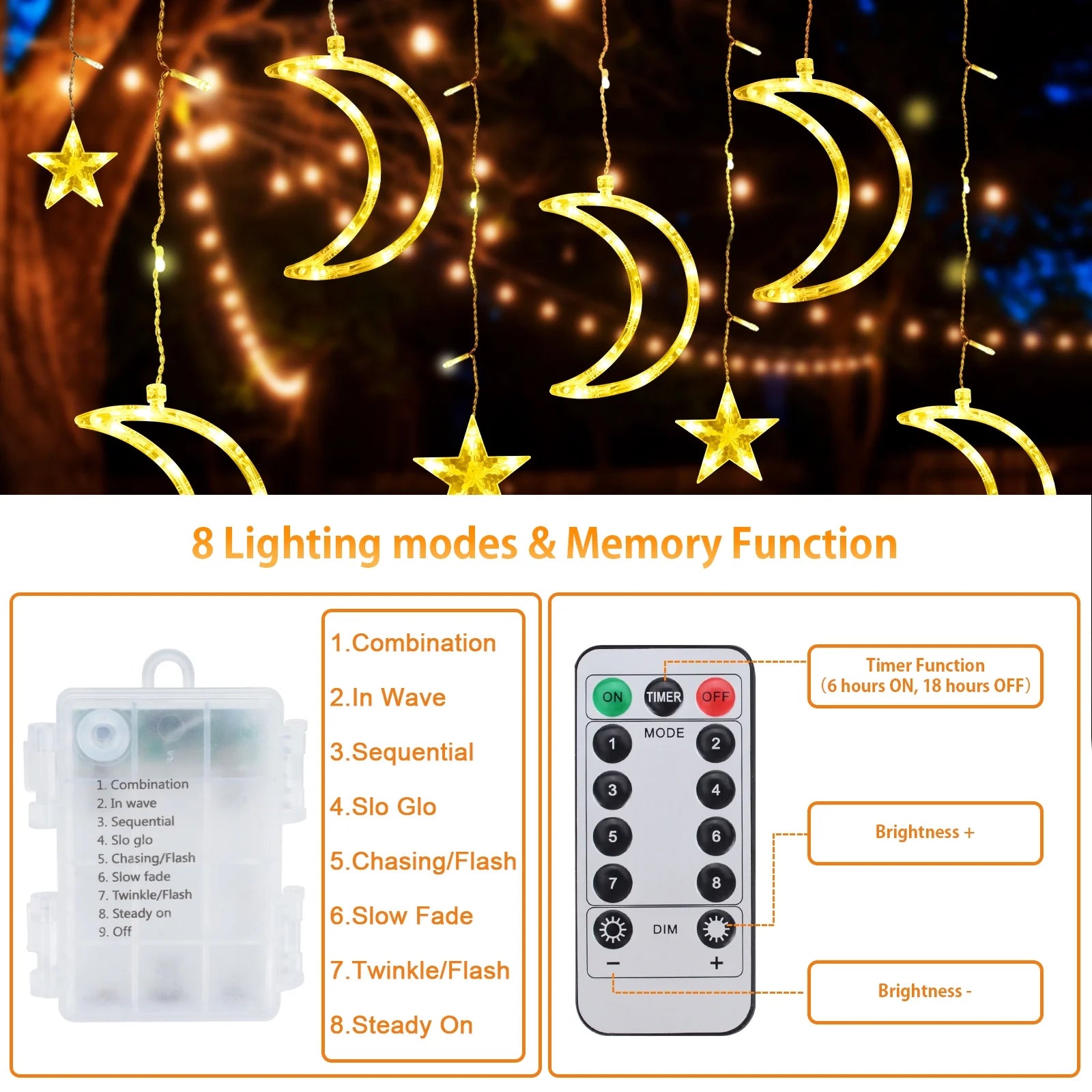 120 LED Star & Moon Curtain Lights – dreamy fairy lights with remote control. Creates a soft, magical glow perfect for bedrooms, parties, weddings, and cozy aesthetic spaces.