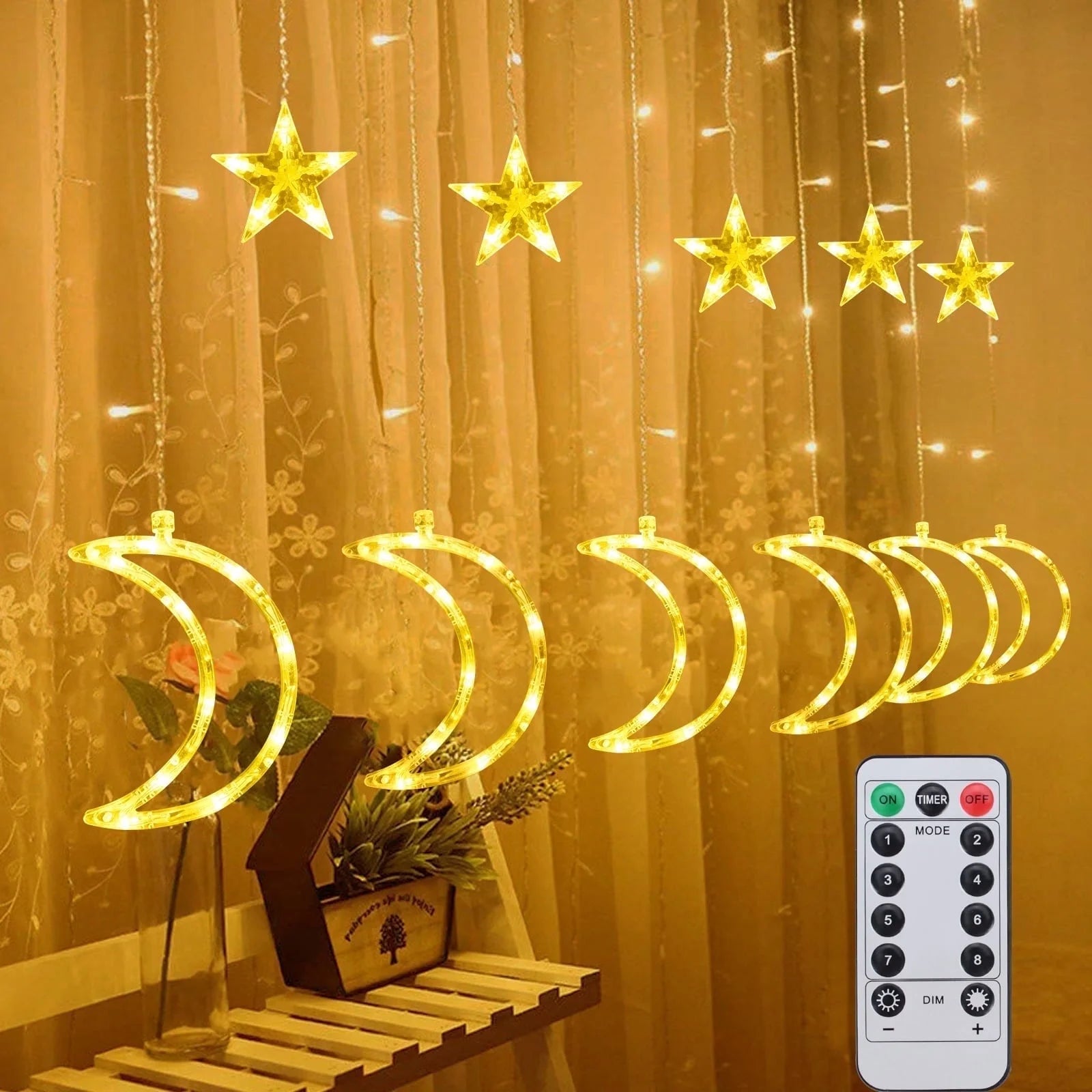 120 LED Star & Moon Curtain Lights – dreamy fairy lights with remote control. Creates a soft, magical glow perfect for bedrooms, parties, weddings, and cozy aesthetic spaces.