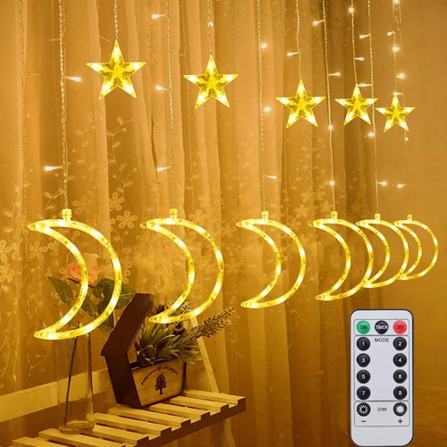120 LED Star & Moon Curtain Lights – dreamy fairy lights with remote control. Creates a soft, magical glow perfect for bedrooms, parties, weddings, and cozy aesthetic spaces.