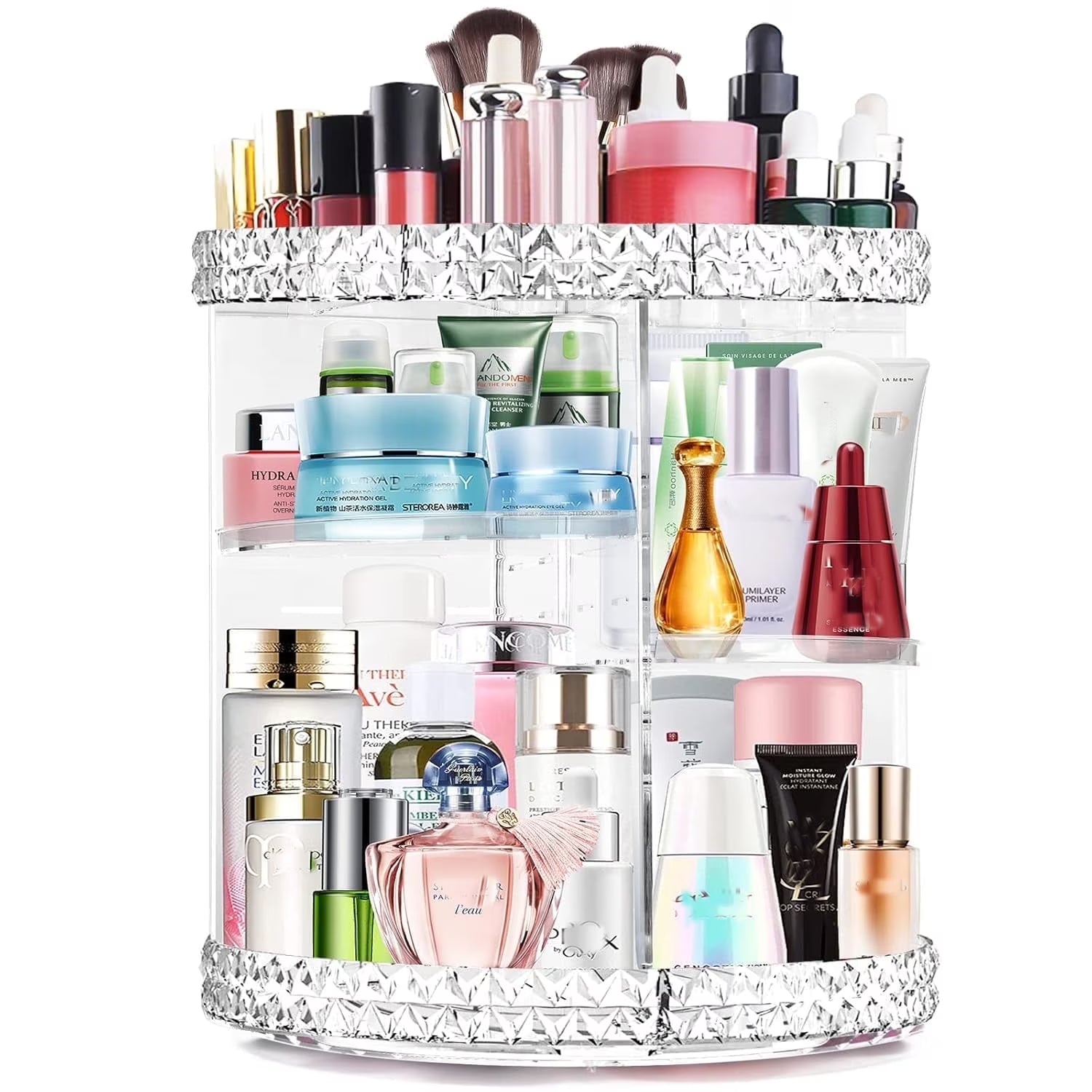 360° Rotating Makeup Organizer – clear acrylic storage with large capacity for all your beauty essentials. Keeps brushes, lipsticks, and perfumes neatly displayed while giving your vanity a clean, aesthetic look.