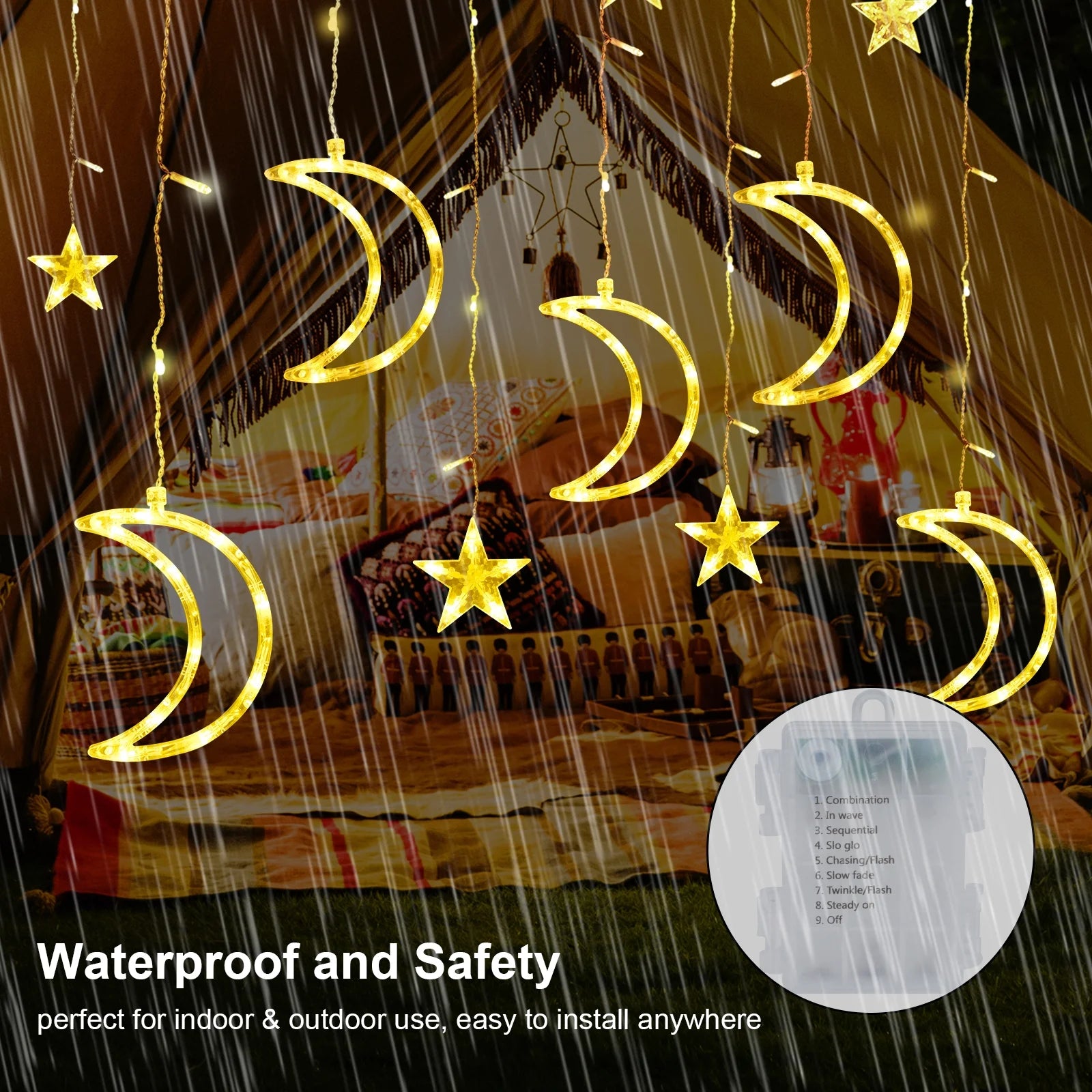 120 LED Star & Moon Curtain Lights – dreamy fairy lights with remote control. Creates a soft, magical glow perfect for bedrooms, parties, weddings, and cozy aesthetic spaces.