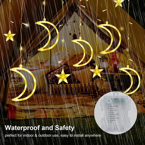 120 LED Star & Moon Curtain Lights – dreamy fairy lights with remote control. Creates a soft, magical glow perfect for bedrooms, parties, weddings, and cozy aesthetic spaces.