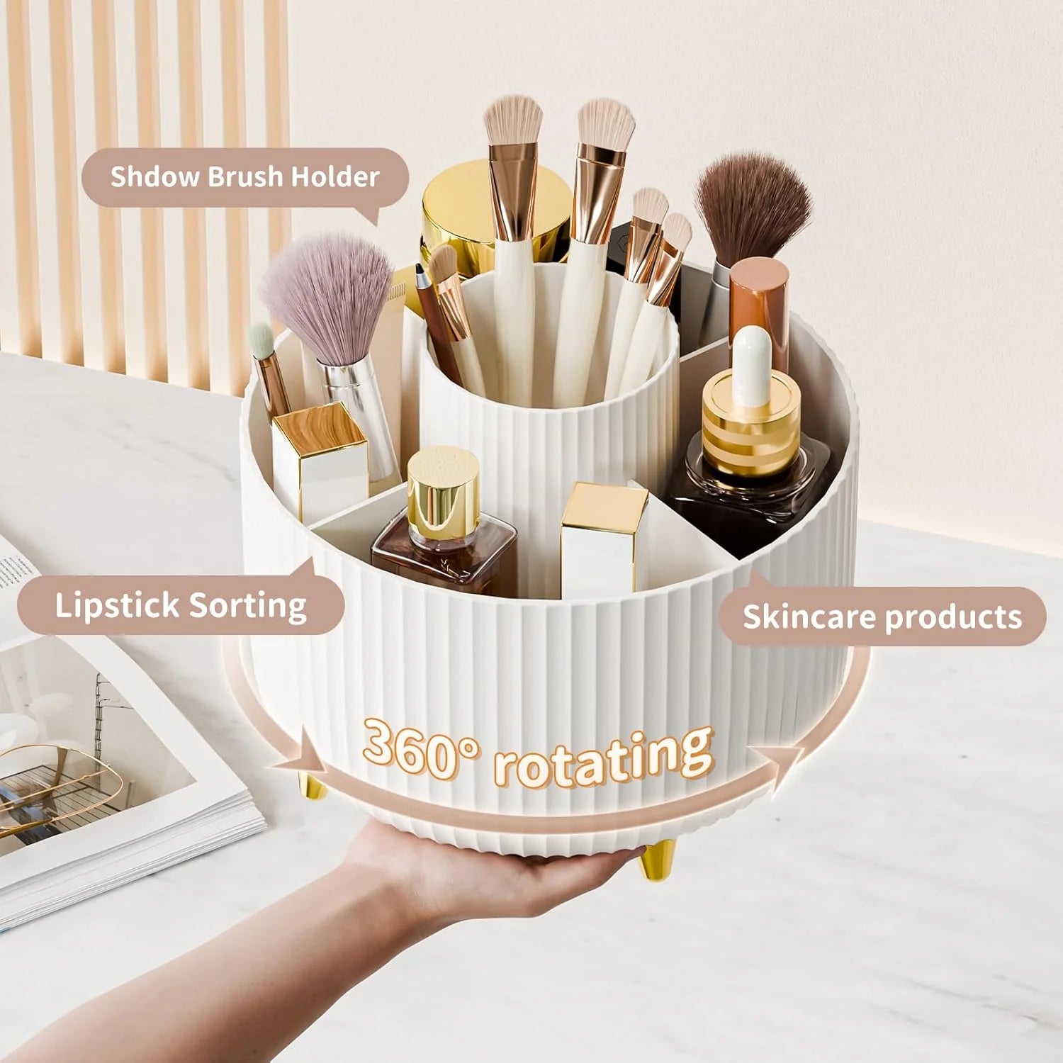 360° Rotate Makeup Brush Holder – sleek countertop organizer for brushes, skincare, and essentials. Spins smoothly for easy access, keeping your vanity clean, modern, and perfectly organized.