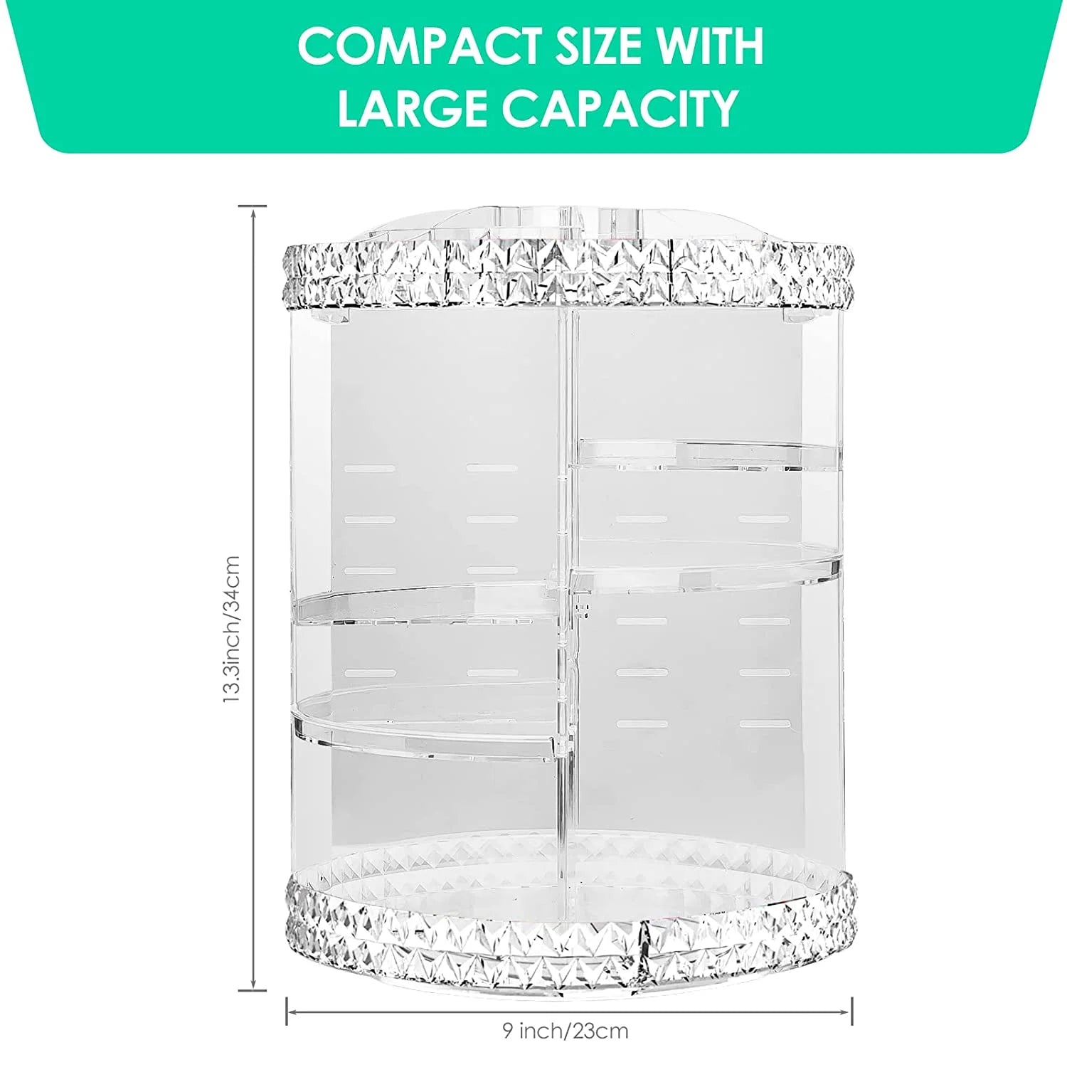 360° Rotating Makeup Organizer – clear acrylic storage with large capacity for all your beauty essentials. Keeps brushes, lipsticks, and perfumes neatly displayed while giving your vanity a clean, aesthetic look.