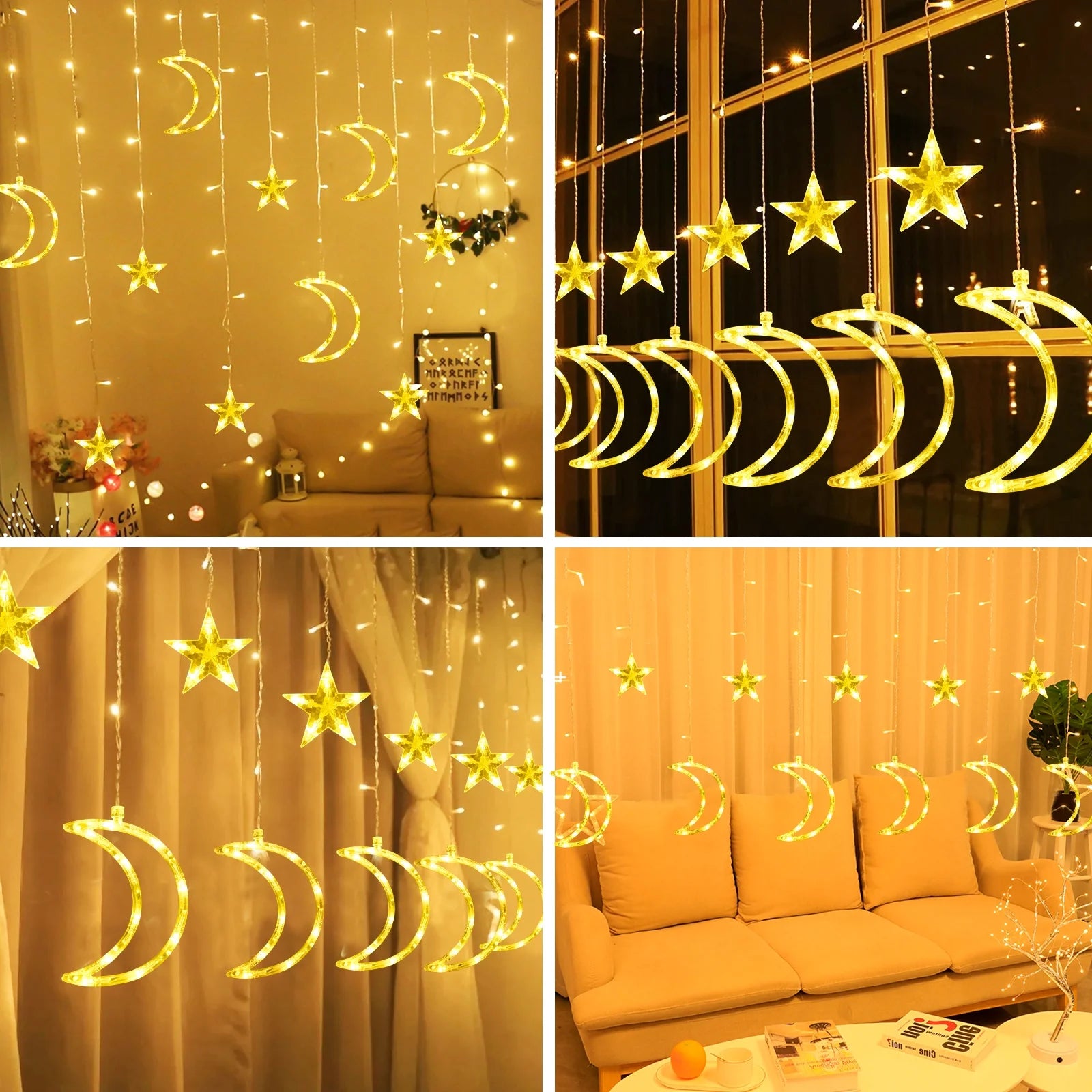 120 LED Star & Moon Curtain Lights – dreamy fairy lights with remote control. Creates a soft, magical glow perfect for bedrooms, parties, weddings, and cozy aesthetic spaces.