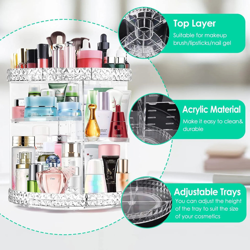 360° Rotating Makeup Organizer – clear acrylic storage with large capacity for all your beauty essentials. Keeps brushes, lipsticks, and perfumes neatly displayed while giving your vanity a clean, aesthetic look.