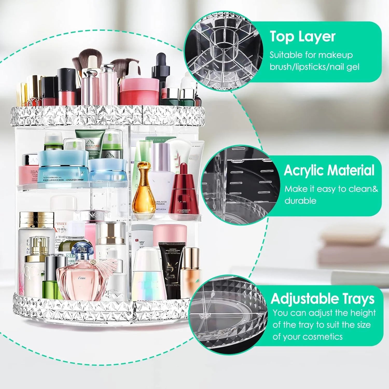360° Rotating Makeup Organizer – clear acrylic storage with large capacity for all your beauty essentials. Keeps brushes, lipsticks, and perfumes neatly displayed while giving your vanity a clean, aesthetic look.